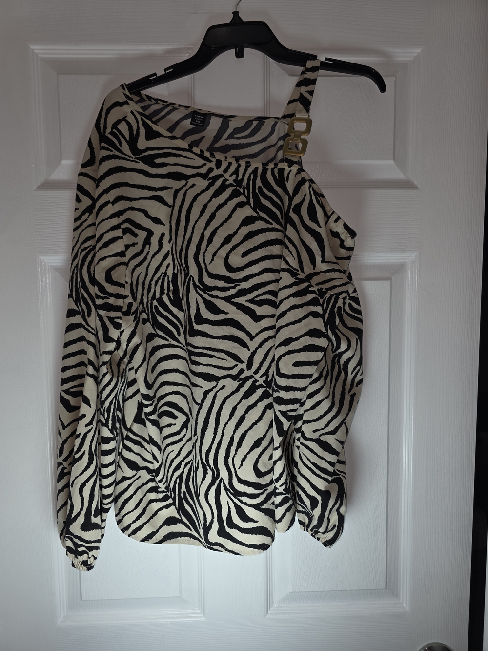 Women's One-Shoulder Zebra Print Top - Black & Cream